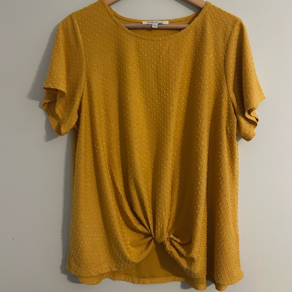 Rose & Olive Mustard Dot Twist-Knot Short Sleeve Top